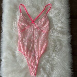 Victoria's Secret Neon Pink Sheer Lace Bodysuit No Snap Size Small